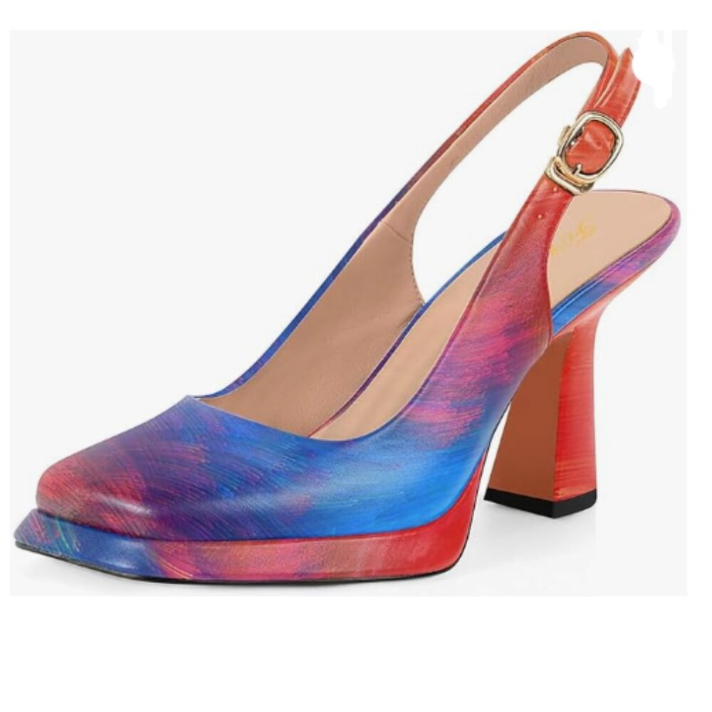FOWT Blue Red Platform Square Toe Pumps Block High Heels Slingbacks Work Shoes